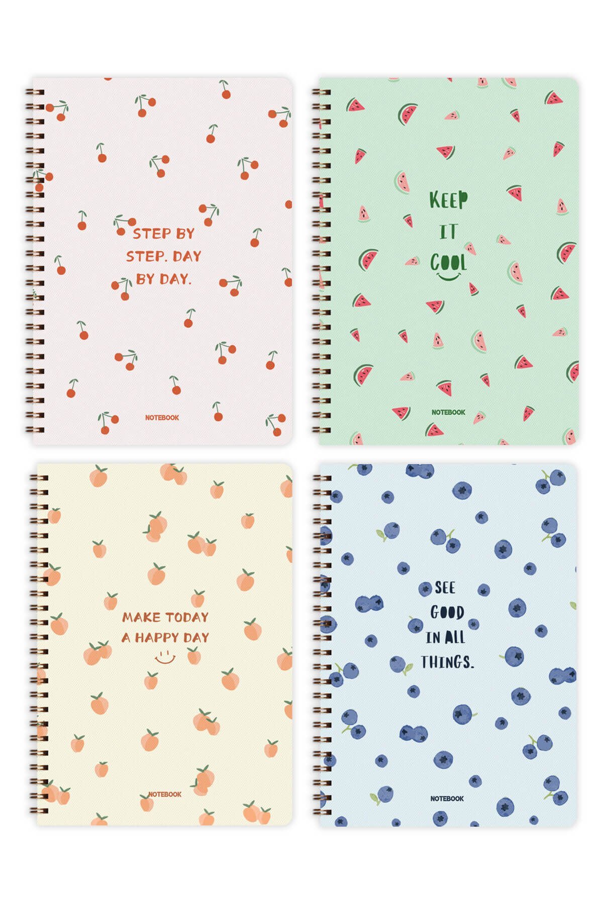 A5 Spiralli Okul Defteri 80 yaprak 4'lü Set - Kareli Meyveler