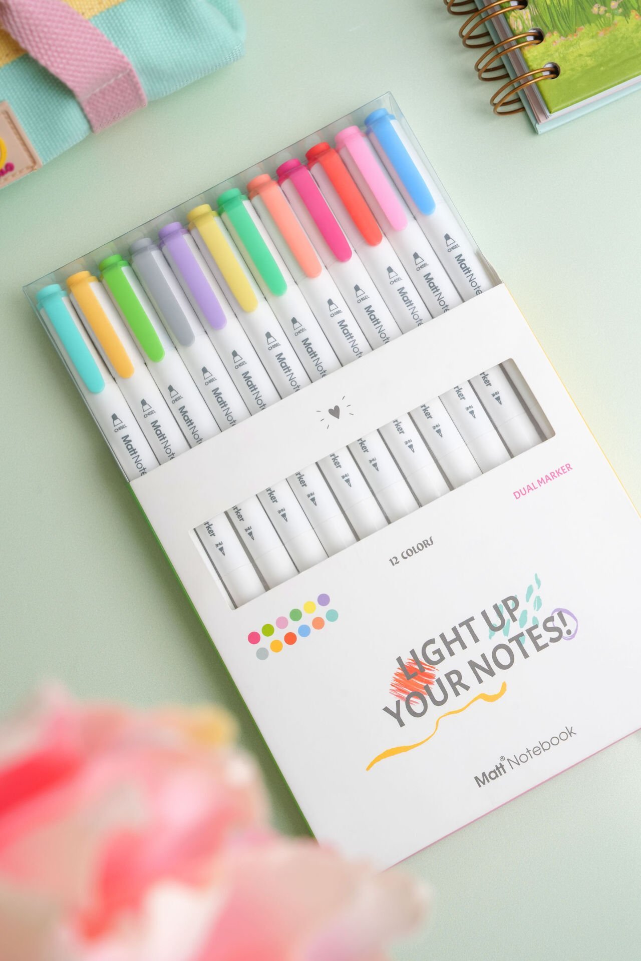 Matt Notebook 12 Renk Çift Uçlu Fosforlu Kalem Seti – Highlighter + Fineliner | Pastel Renkler Dual Marker