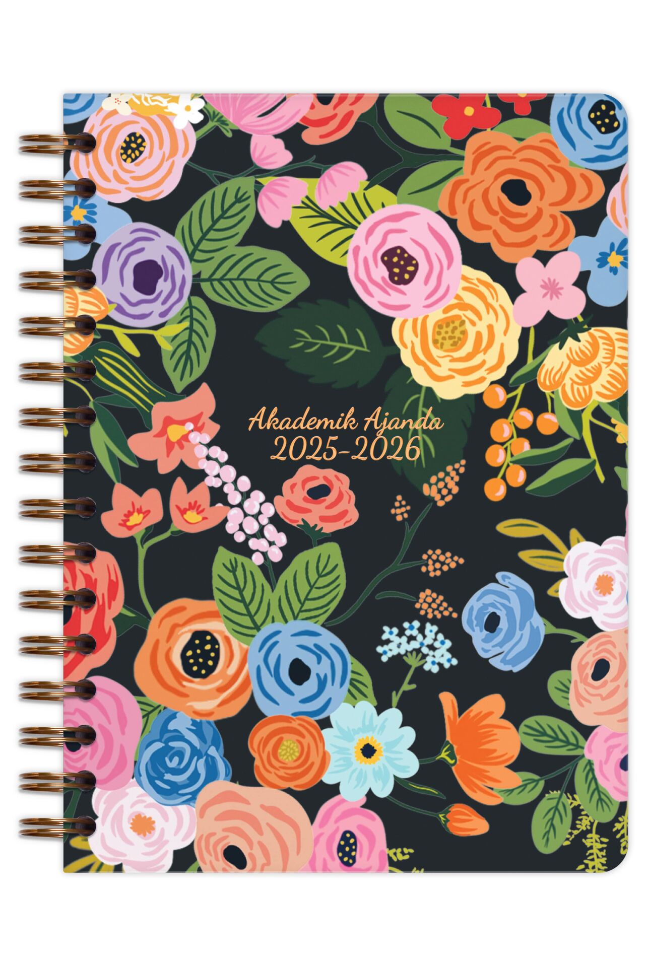 Matt Notebook 2025-2026 A5 Akademik Ajanda Spiralli 15x21 cm -13 Aylık- Siyah Çiçekler