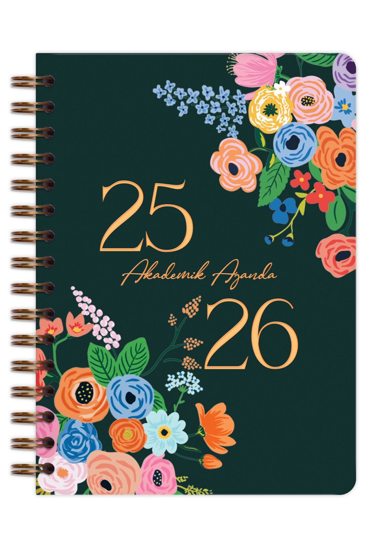 Matt Notebook 2025-2026 A5 Akademik Ajanda Spiralli 15x21 cm -13 Aylık- Yeşil Çiçekler