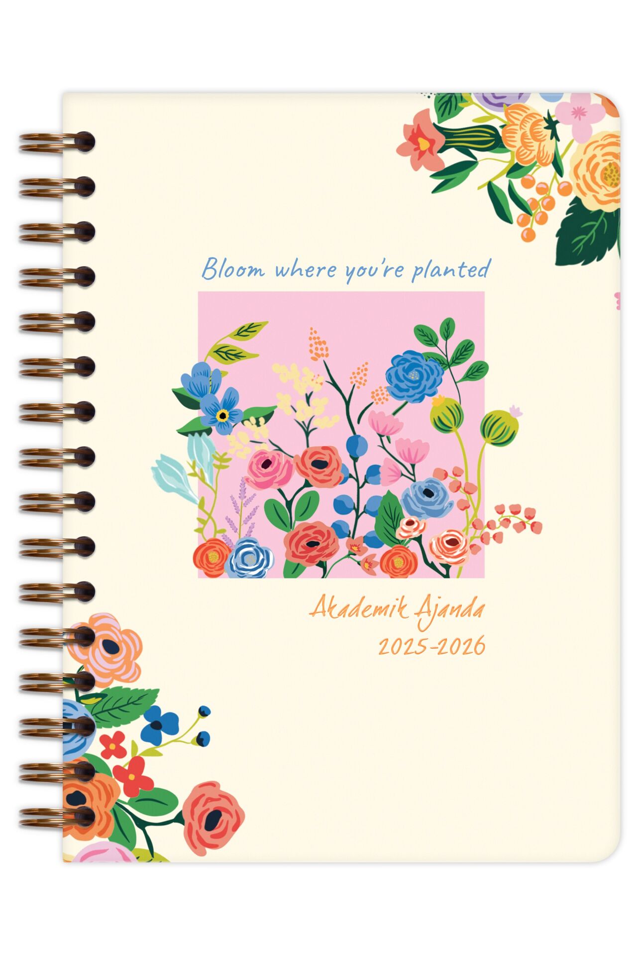 Matt Notebook 2025-2026 A5 Akademik Ajanda Spiralli 15x21 cm -13 Aylık- Krem Çiçekler