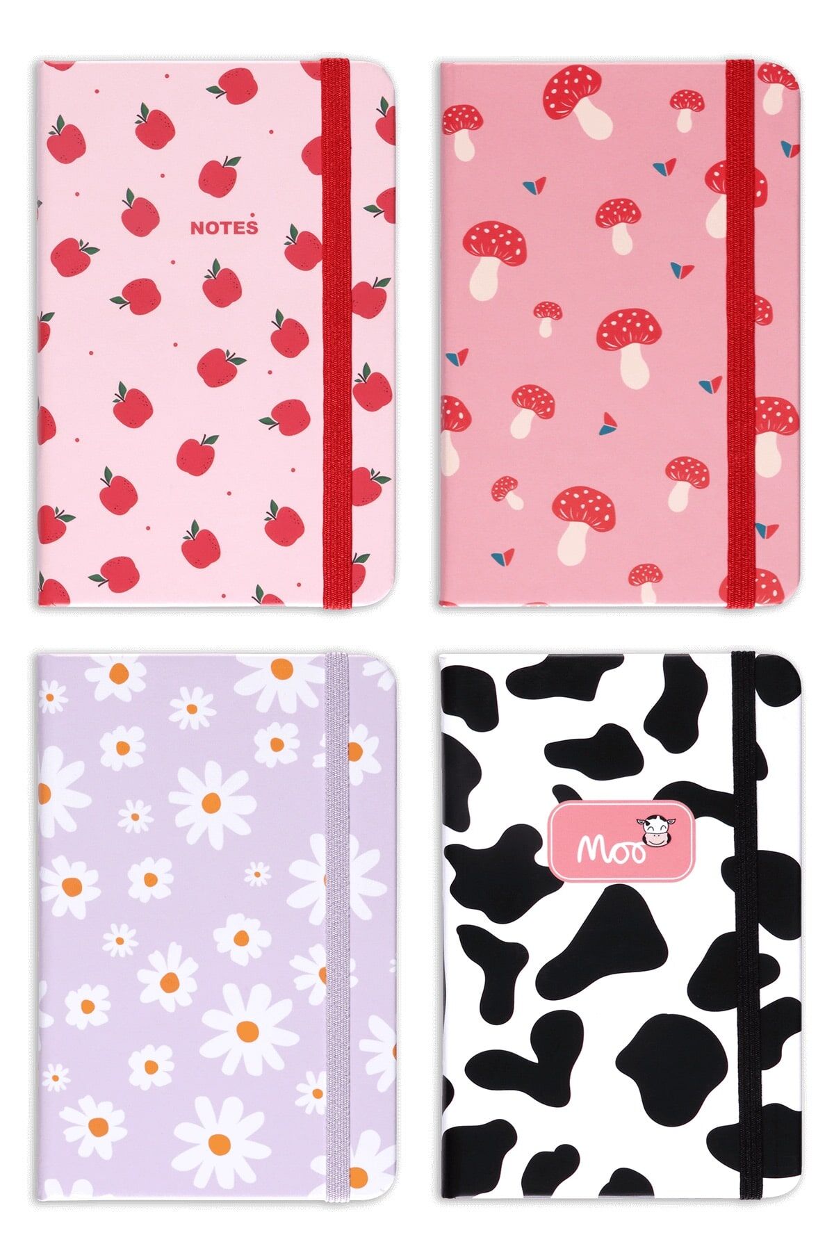 Matt Notebook 4'lü Cep Defteri Seti Çizgili Elma İnek Mantar Papatya